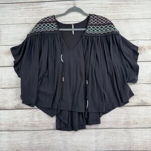 Free People Embroidered Boxy Oversized Blouse Womens XL Gray Blue Pink